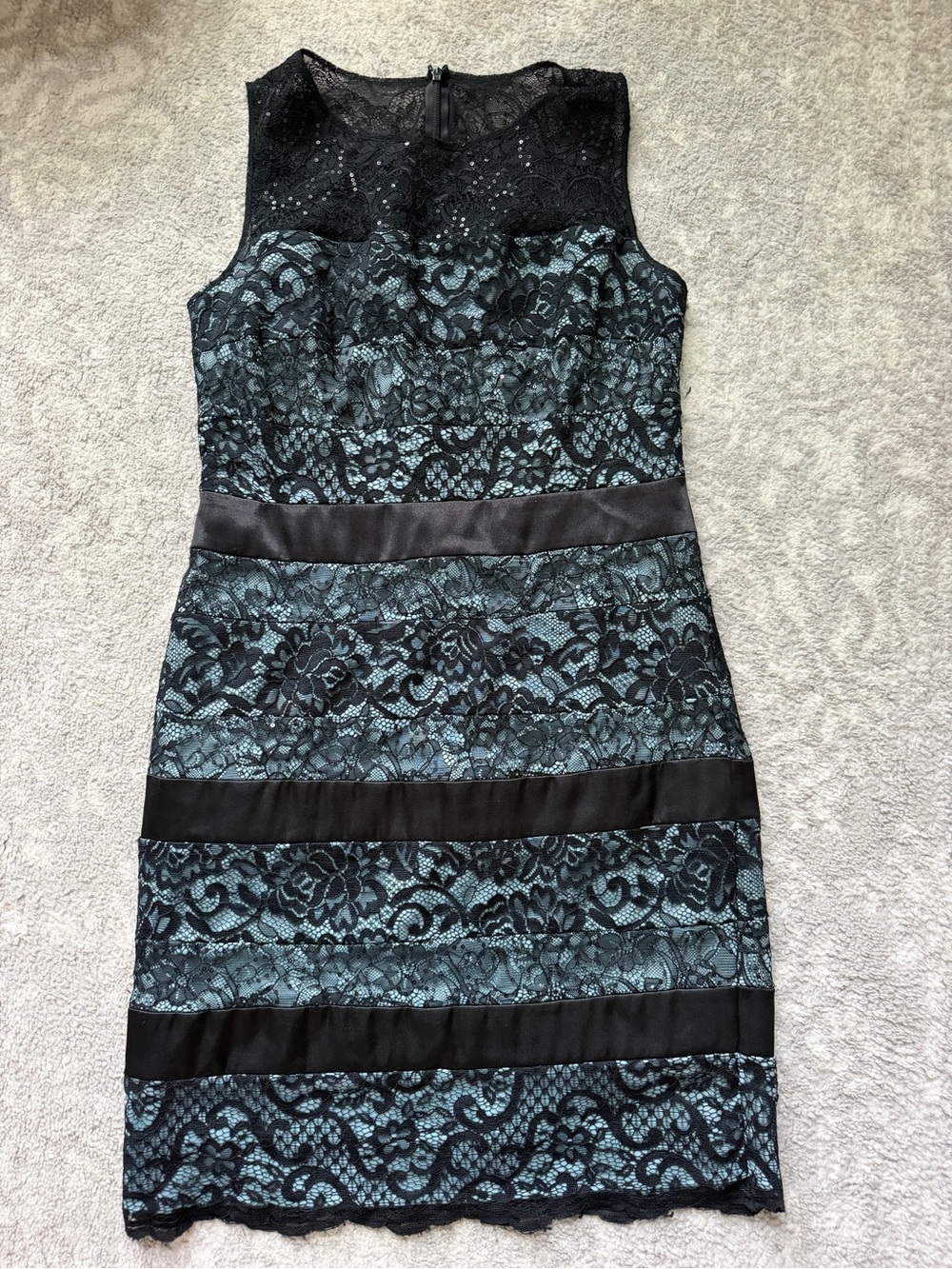 Alex Evenings Black Lace Overlay Dress with Teal Underlay